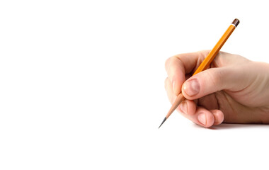 The hand holds an acutely sharpened pencil.