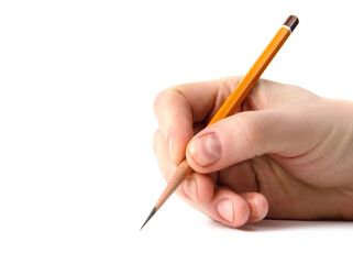 The hand holds an acutely sharpened pencil.