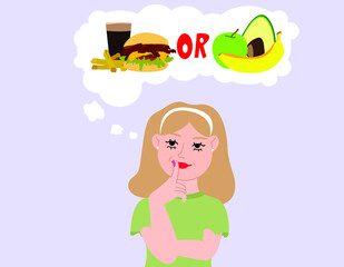 The blonde girl thinks what to . Dieting. Healthy or unhealthy. Hamburger, fries, fast food, soda, avocado, banana, apple, fruit, lifestyle, breakfast, lunch, dinner.