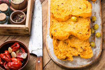 Tasty bread with sun dried tomatoes and olives