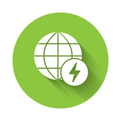 White Global energy power planet with flash thunderbolt icon isolated with long shadow. Ecology concept and environmental. Green circle button. Vector.