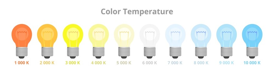 Vector illustration of light Kelvin color temperature scale chart isolated on white. Ten bulbs with different colors in Kelvins, K. Warm white, natural white, and cool white colors including daylight. - obrazy, fototapety, plakaty