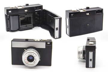 Set of different sides of old camera. Vintage old photo camera on the white background