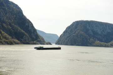 Danube gorges. Landscape with Danube gorges photographed from above. Aerial photography.