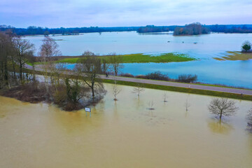 Aerial view flooded forest plains with country road , Rhine River, Rhineland Palatinate, Germany