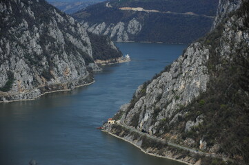Danube gorges. Landscape with Danube gorges photographed from above. Aerial photography.
