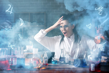 Crazy alchemist working in laboratory