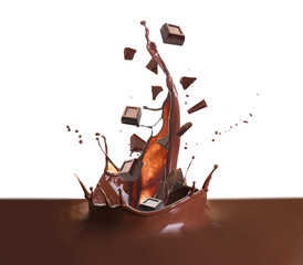 Solid and melted chocolate on white background