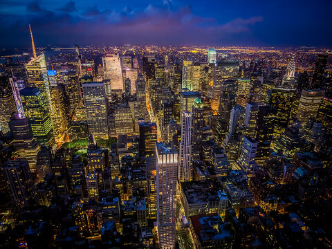 Wide angle view of upper Manhattan after dusk as seen from the top of the Empire State Building