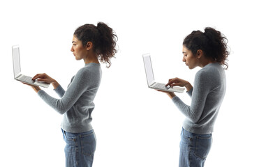 Young woman with proper and bad posture using laptop on white background
