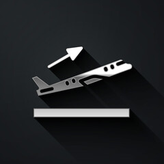Fototapeta premium Silver Plane takeoff icon isolated on black background. Airplane transport symbol. Long shadow style. Vector.