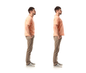 Man with bad and proper posture on white background - obrazy, fototapety, plakaty