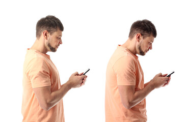 Man with proper and bad posture using mobile phone on white background