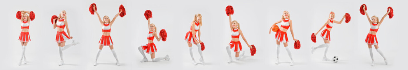Set of beautiful cheerleaders on light background
