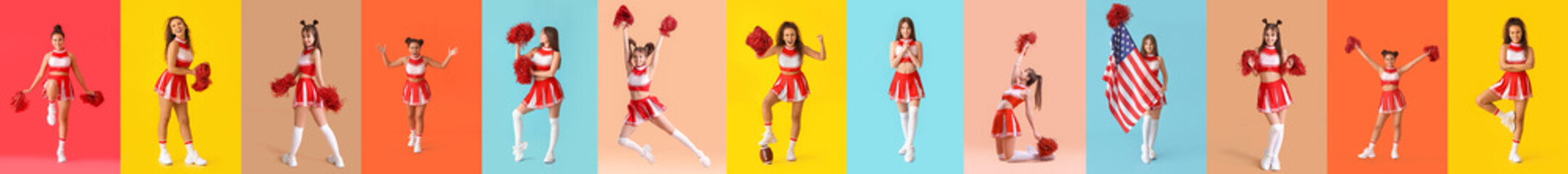 Set of beautiful cheerleaders on color background