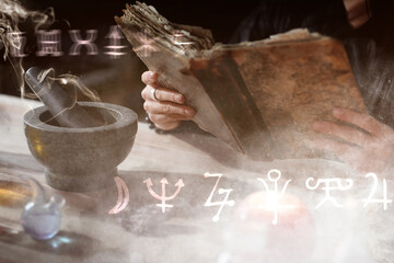Female alchemist with old book making elixir in laboratory, closeup