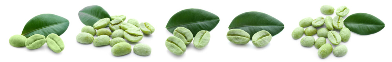 Green coffee beans on white background