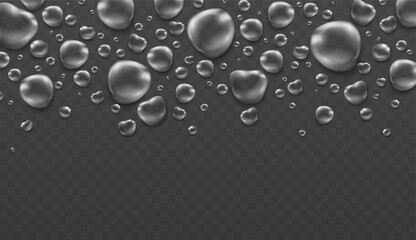 Rain water drops on transparent background. Steam condensation water bubbles.