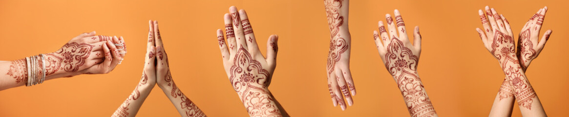 Beautiful female hands with henna tattoo on color background