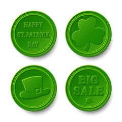 Set of green coins with clover and hat. Happy St. Patrick's Day vector coins. Sale coin