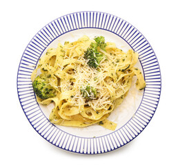 Tasty pasta with broccoli and cheese on white background