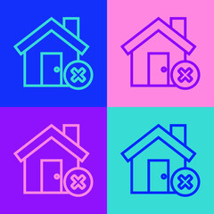 Pop art line House with wrong mark icon isolated on color background. Home and close, delete, remove symbol. Vector Illustration.