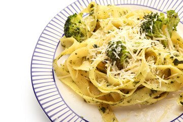 Tasty pasta with broccoli and cheese on white background, closeup