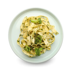 Plate with tasty pasta and broccoli on white background