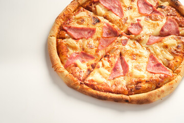 Pizza with ham and cheese isolated on white background. Italian food concept. Appetizing pizza.