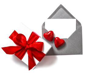 Red paper hearts gift box Valentines Day decoration