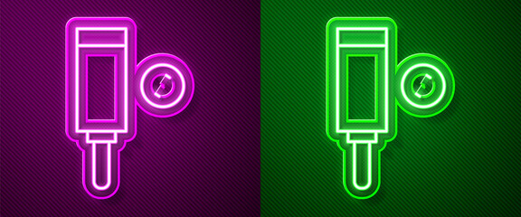 Glowing neon line Wood cricket bat and ball icon isolated on purple and green background. Vector.