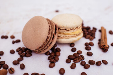 sweet chocolate macaroons with coffee beans. Sweet dessert for tea. Sweets as a gift, a place for text, a place for copying, a banner