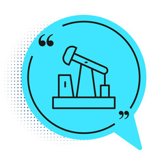 Black line Oil pump or pump jack icon isolated on white background. Oil rig. Blue speech bubble symbol. Vector.