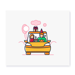 Family road trip color icon. Happy parents, child and pet travel in car on holiday. Traveling on vacation tourist transport on road concept Isolated vector illustration