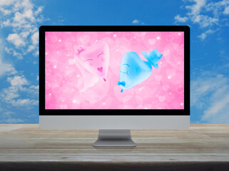 Bride and Groom love heart balloon shape with desktop modern computer monitor screen on wooden table over blue sky with white clouds, Business internet dating online, Valentines day concept