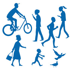 People walking street. Blue vector silhouettes image. 