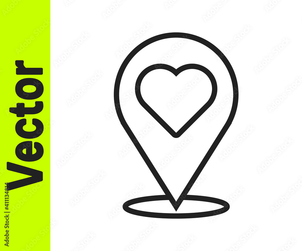 Poster black line map pointer with heart icon isolated on white background. valentines day. love location. 