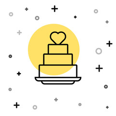 Black line Wedding cake with heart icon isolated on white background. Random dynamic shapes. Vector.