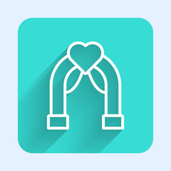 White line Wedding arch icon isolated with long shadow. Wedding decoration. Green square button. Vector.
