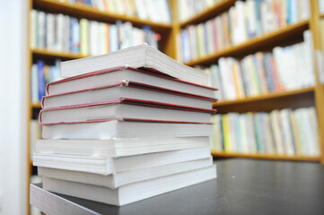 Library. Books placed in a library waiting to be read.