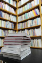 Library. Books placed in a library waiting to be read.
