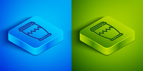 Isometric line Drum icon isolated on blue and green background. Music sign. Musical instrument symbol. Square button. Vector.