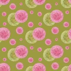 Seamless pattern with circles of different sizes pink and green colors on a green background. For textiles, fabrics, bedding, clothing, accessories, paper, packaging, baby products