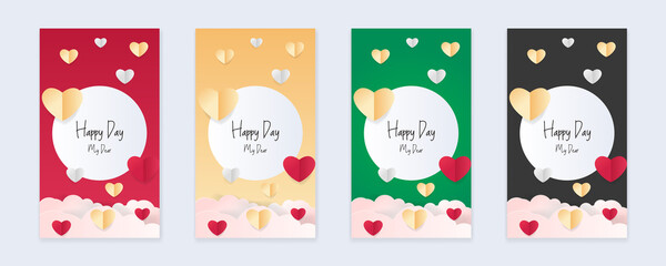 Collection of red pink green black white valentine’s day background set with heart, cloud, balloon. Editable vector illustration for website, invitation, postcard and sticker.