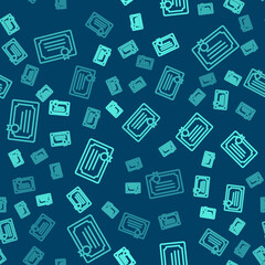 Green line Certificate template icon isolated seamless pattern on blue background. Achievement, award, degree, grant, diploma concepts. Vector.