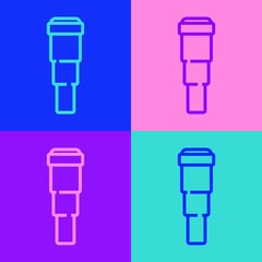Pop art line Spyglass telescope lens icon isolated on color background. Sailor spyglass. Vector.