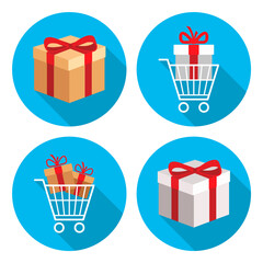 Set of 2D and 3D icons in a circle, promotion, discount, gift, bonus, shop. Box in a shopping basket, shopping trolley-02