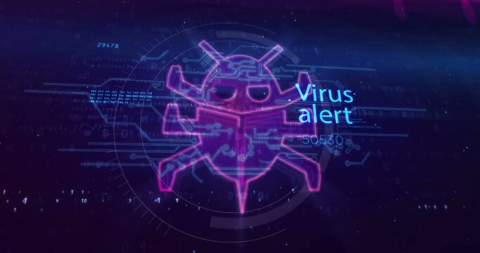 Virus alert symbol, antivirus, security, computer protection, cyber attack, digital worm and bug icon loop concept. Futuristic abstract 3d rendering animation. Neon sketch on digital background.