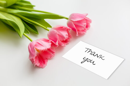 Thank you card, gift box and tulip bouquet on white