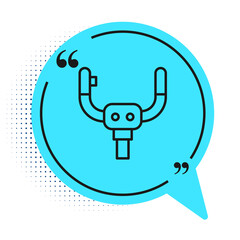 Black line Aircraft steering helm icon isolated on white background. Aircraft control wheel. Blue speech bubble symbol. Vector.